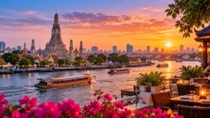 Original Bangkok-inspired illustration of temple spires, boats and the river at sunset.