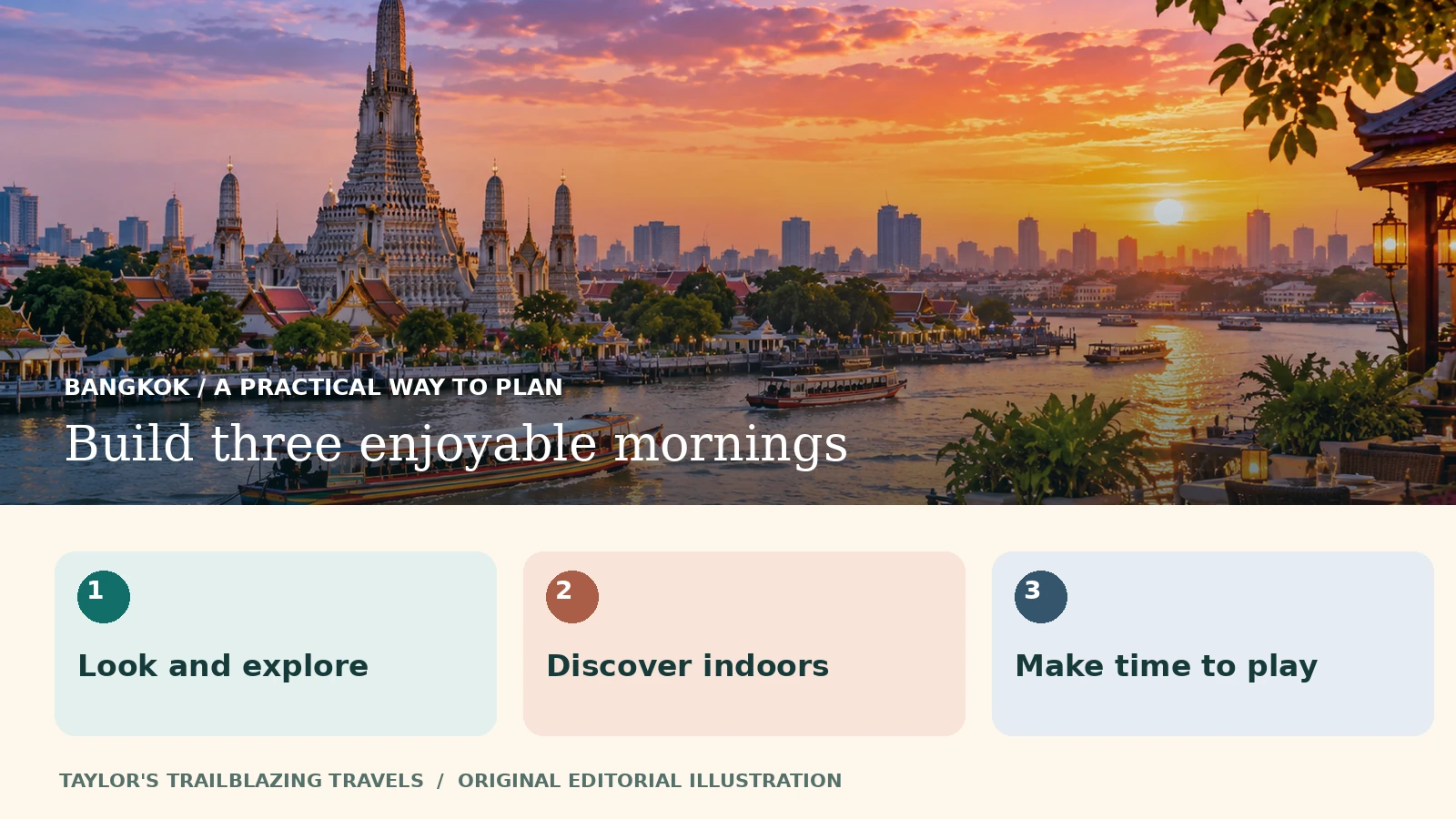 Build three enjoyable mornings: Look and explore, Discover indoors, Make time to play. Illustrated planning reminder over a Bangkok riverside scene.