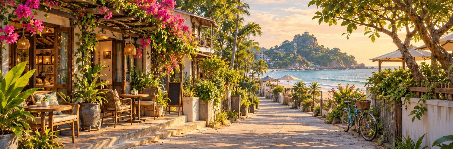 Conceptual illustration of a shaded cafe lane leading towards the Hua Hin coast