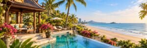 Conceptual illustration of a Hua Hin beachfront resort and pool
