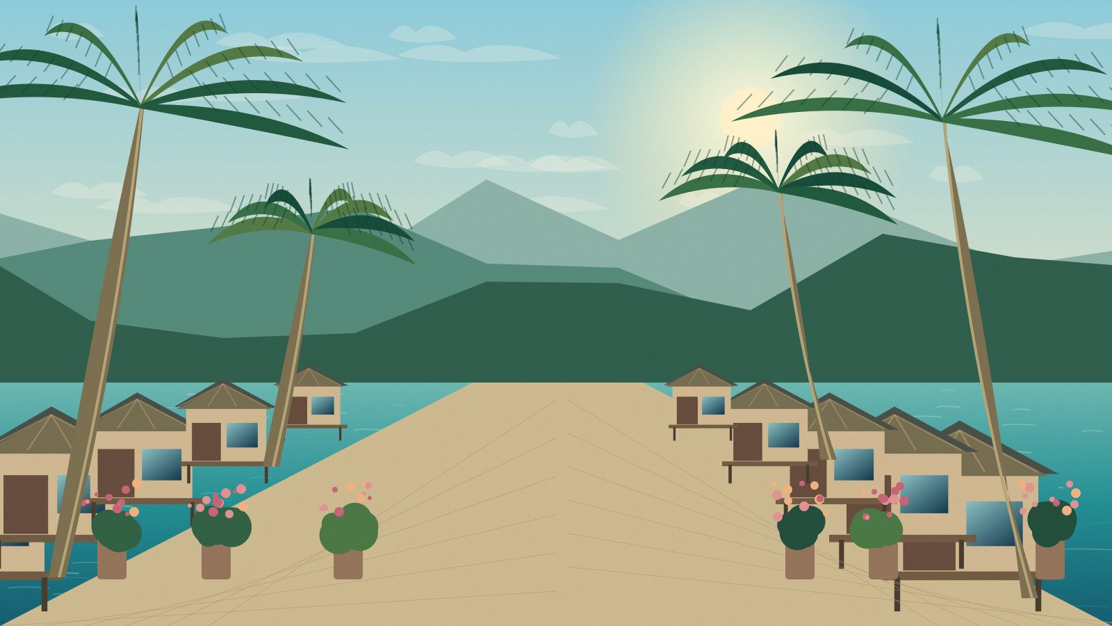 Original stylised island village scene with a lane leading towards the sea