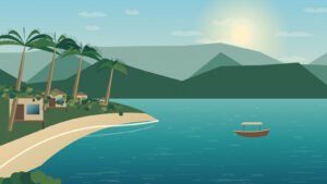 Original stylised scene of a Koh Chang-inspired west-coast bay with palms and small beach resorts