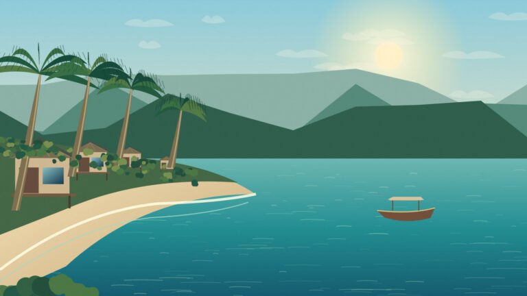 Original stylised scene of a Koh Chang-inspired west-coast bay with palms and small beach resorts