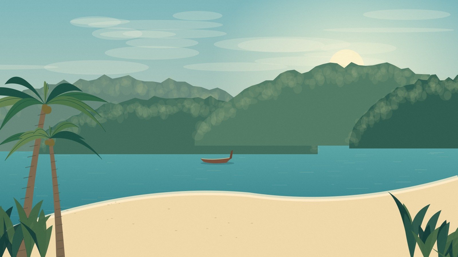 A broad sandy shoreline with forested hills inspired by Koh Chang