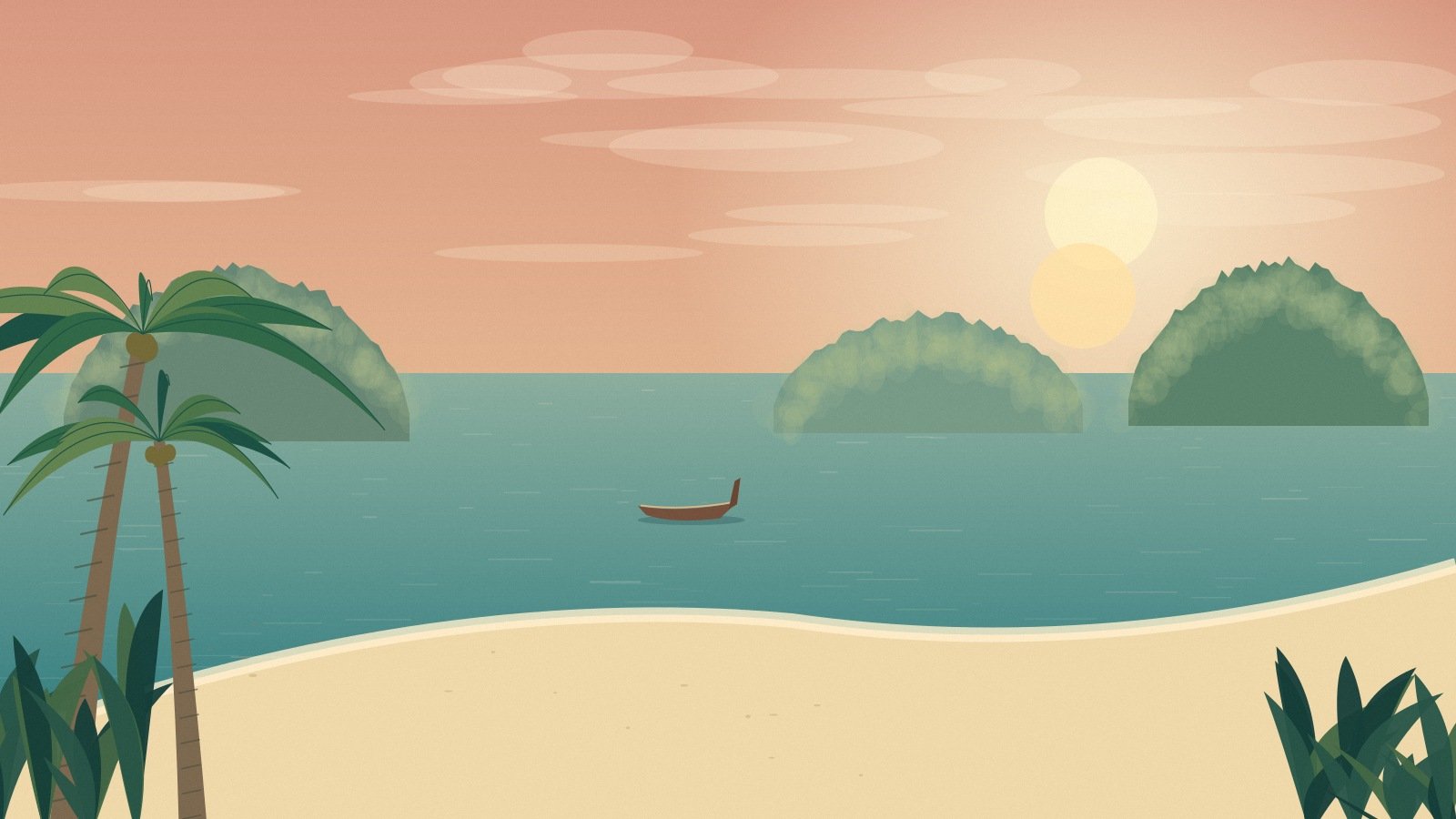 Warm evening light over small islands off an illustrated Koh Chang coast
