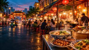 Original conceptual illustration of a lively Bangkok Thai-Chinese food street at dusk