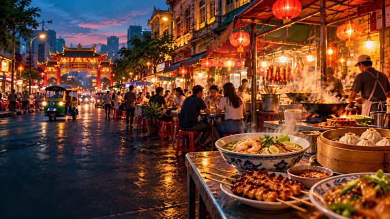 Original conceptual illustration of a lively Bangkok Thai-Chinese food street at dusk