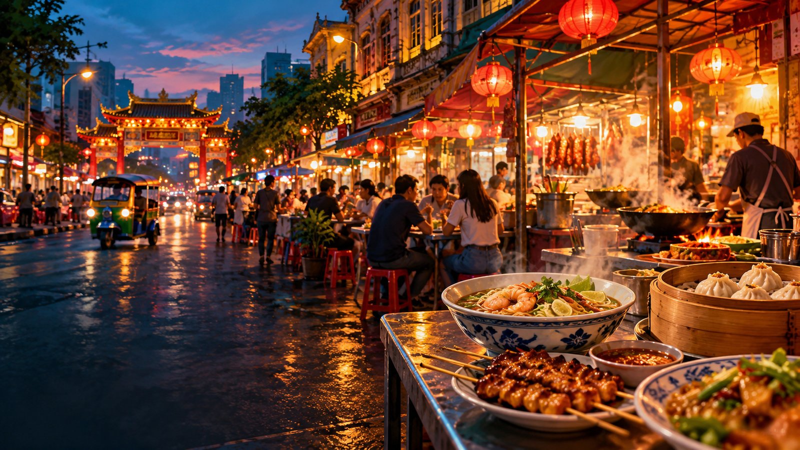 Original conceptual illustration of a lively Bangkok Thai-Chinese food street at dusk