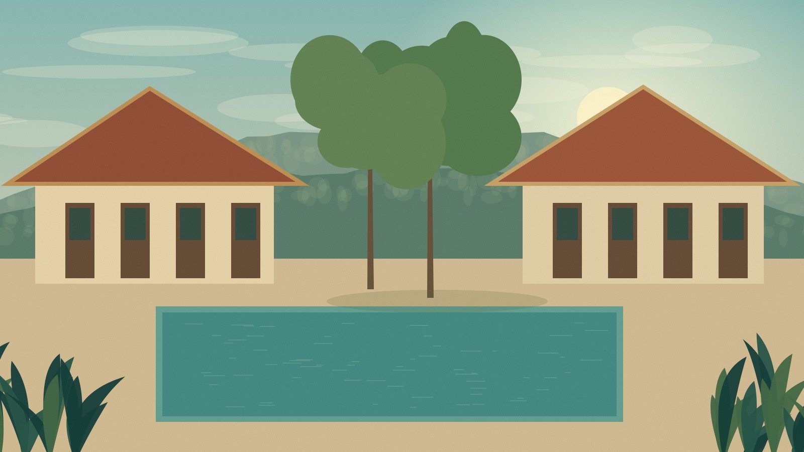 A northern Thai courtyard with shaded trees and a reflective pool
