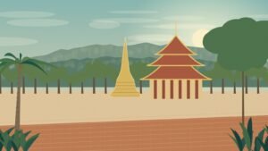 Northern Thai temple roofs, a chedi and an Old City-inspired brick wall