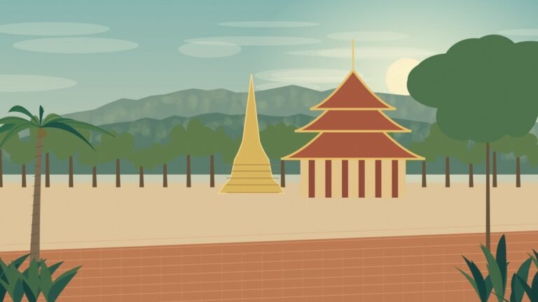Northern Thai temple roofs, a chedi and an Old City-inspired brick wall