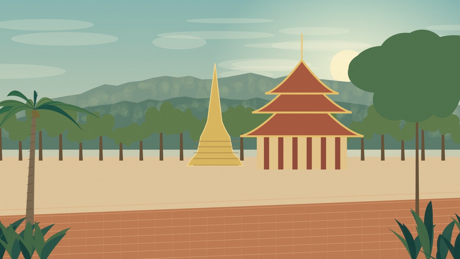 Northern Thai temple roofs, a chedi and an Old City-inspired brick wall