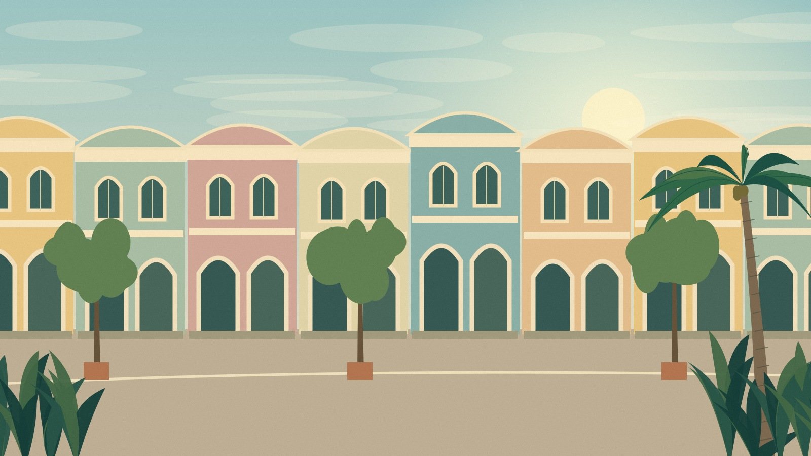 Pastel shophouses and shaded pavement inspired by Phuket Old Town