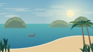A Phuket-inspired tropical bay with palms and a small boat