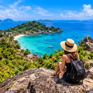 Original illustration of a traveller overlooking a tropical island bay