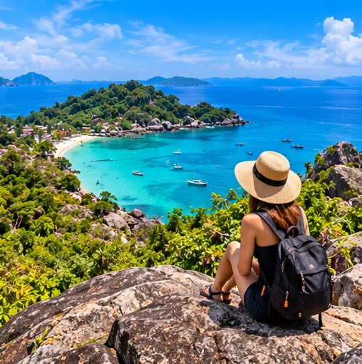 Original illustration of a traveller overlooking a tropical island bay