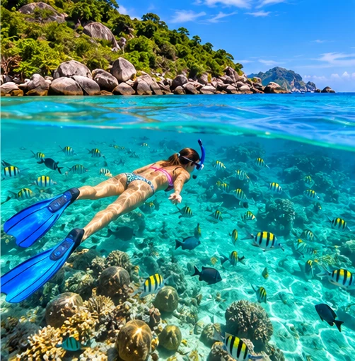 Original illustration of a snorkeller swimming above a tropical reef