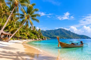 Original illustration of a peaceful palm-lined tropical beach