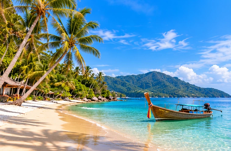 Original illustration of a peaceful palm-lined tropical beach