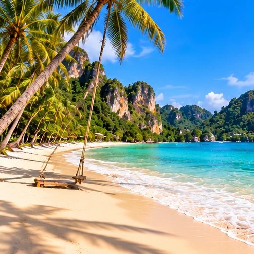Original illustration of a shaded beach swing beside clear tropical water
