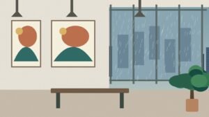 Original illustration of a Bangkok-inspired indoor art gallery overlooking a rainy city