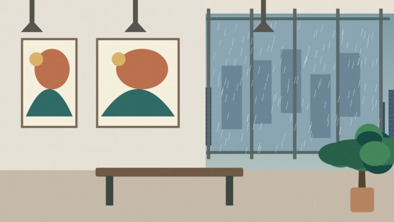 Original illustration of a Bangkok-inspired indoor art gallery overlooking a rainy city