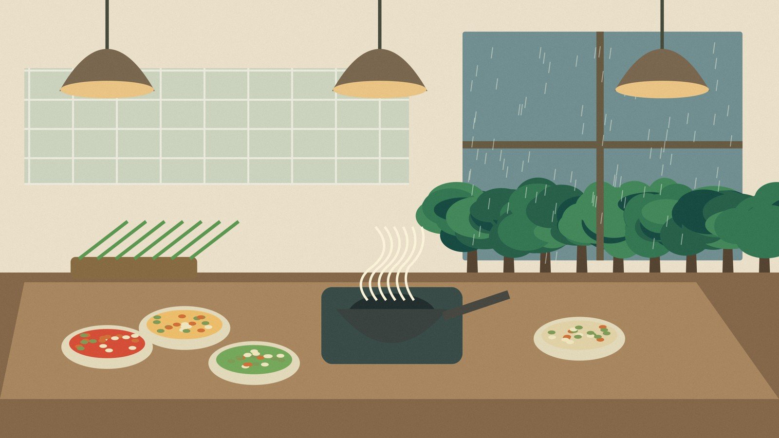 Original illustration of a Thai cooking-class kitchen with ingredients and rain outside