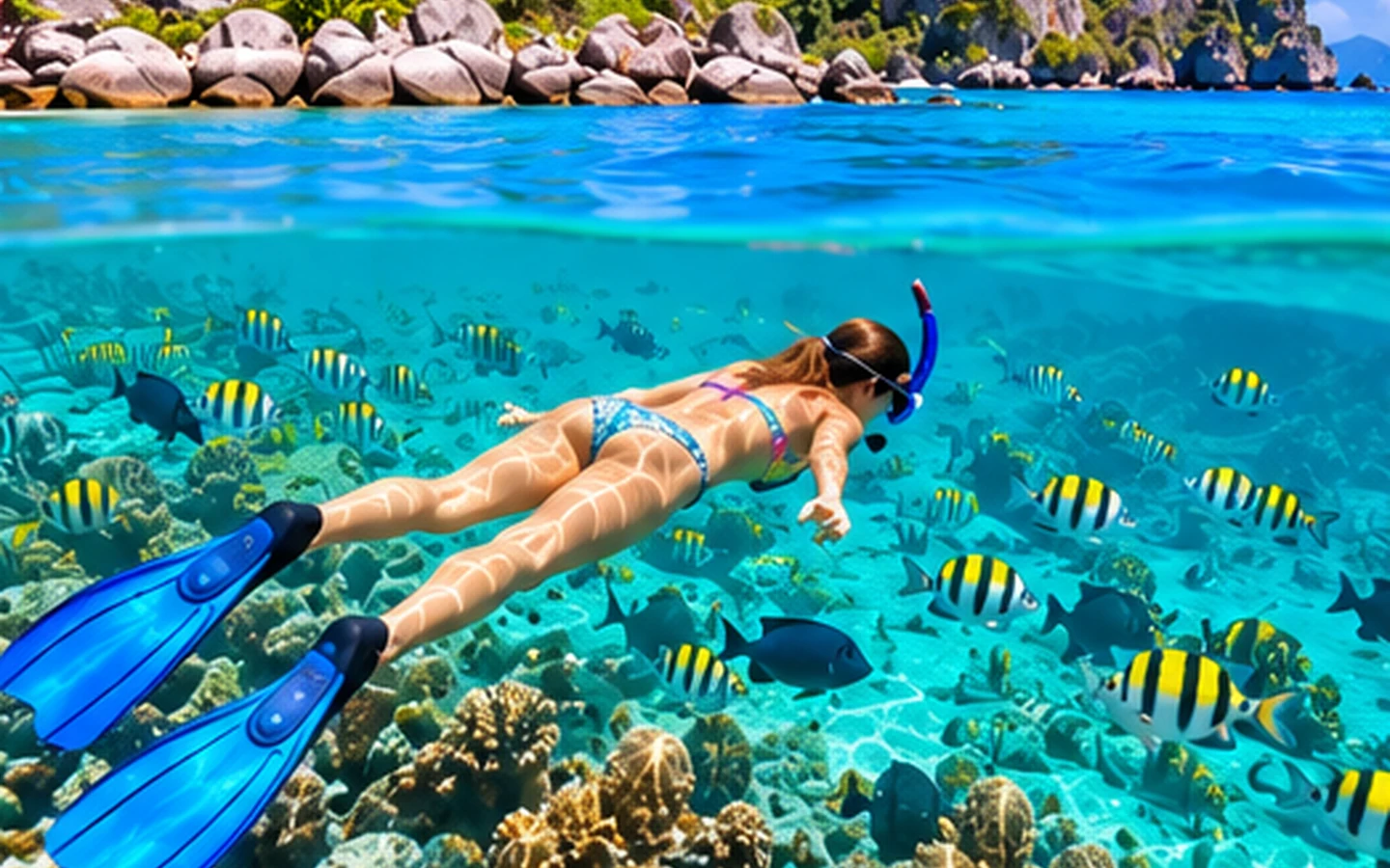 Original illustration of a snorkeller above a tropical reef
