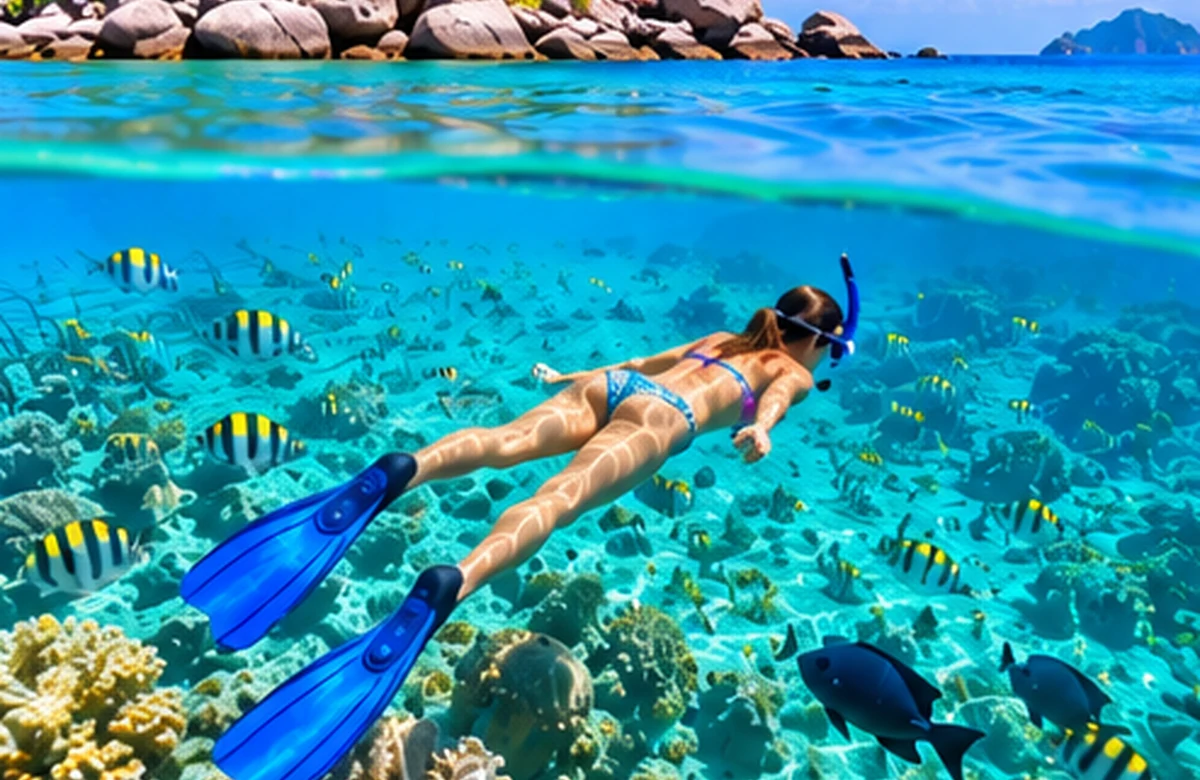 Original illustration of a snorkeller above a tropical reef