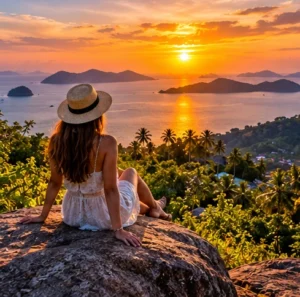 Original illustration of a traveller watching sunset over a tropical bay