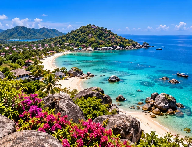 Original illustration of a tropical bay with granite rocks and flowering plants