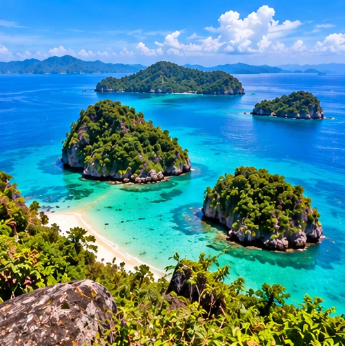 Original illustration of tropical offshore islands and a clear blue bay