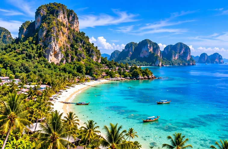 Original illustration of a Thai island coastline with boats and limestone scenery