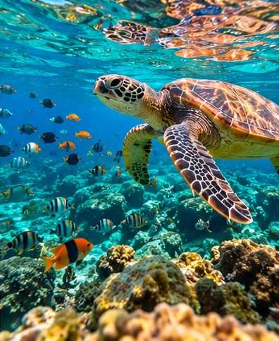 Original illustration of a sea turtle and reef fish in tropical water