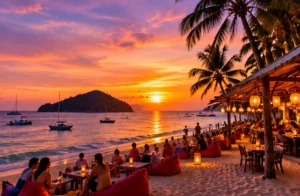 Original illustration of an adult beach-bar evening at a tropical sunset
