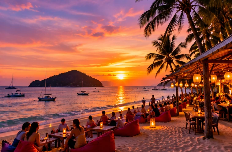 Original illustration of an adult beach-bar evening at a tropical sunset