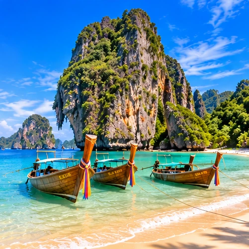 Original illustration of longtail boats beside a tropical beach