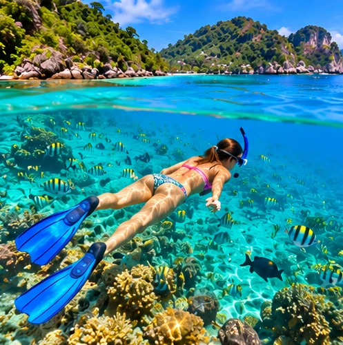 Original illustration of a snorkeller observing tropical fish without touching the reef