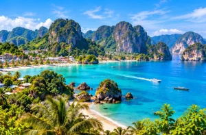 Original illustration of a Thai island bay with palms and boats