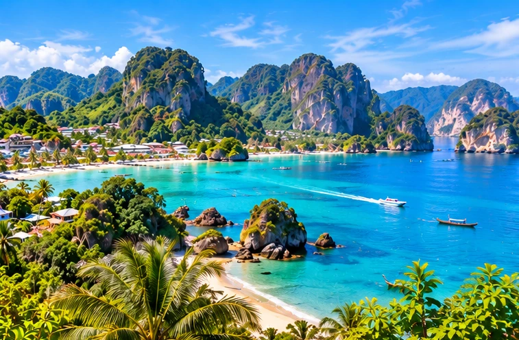 Original illustration of a Thai island bay with palms and boats