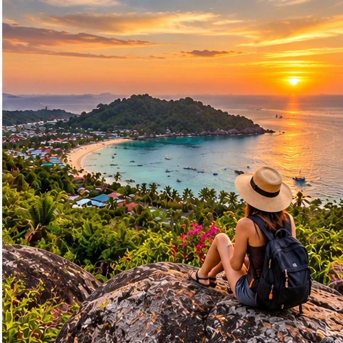 Original illustration of an adult solo traveller overlooking a tropical bay