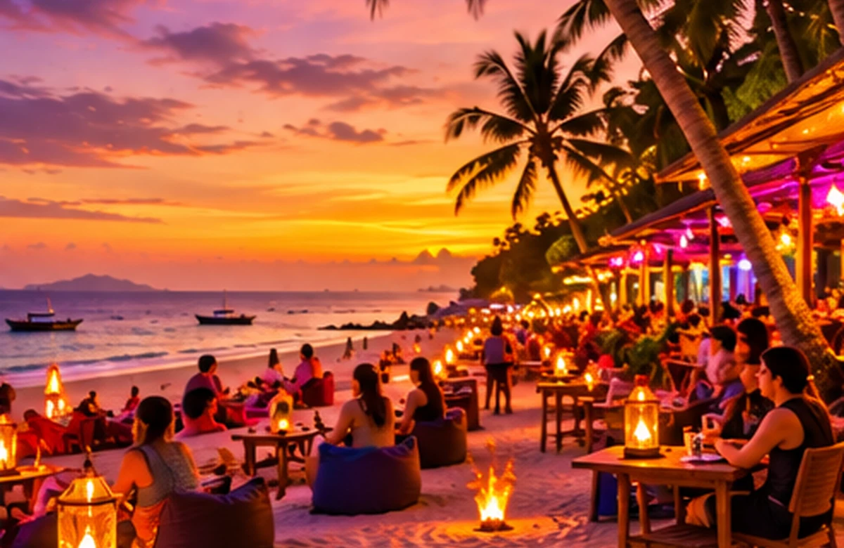 Original illustration of an evening gathering on a palm-lined tropical beach