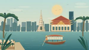 Original Bangkok illustration combining river, temples and city skyline