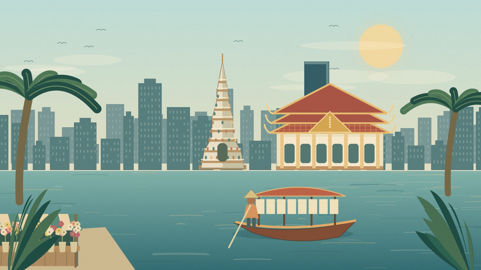 Illustrated Bangkok temple and riverside setting