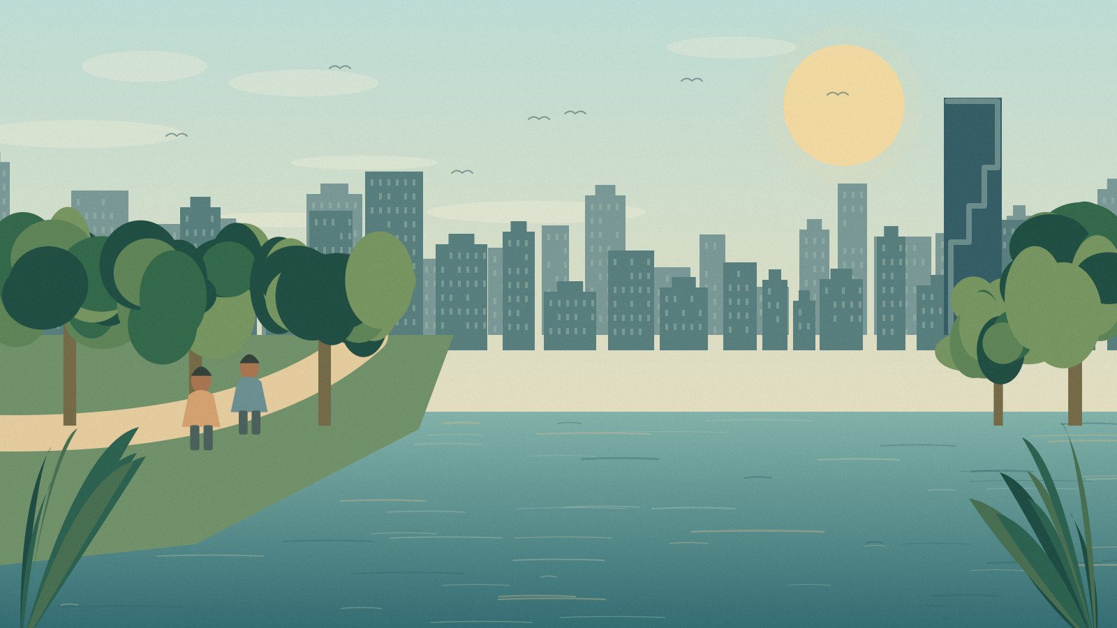 Illustrated Bangkok park, lake and city skyline