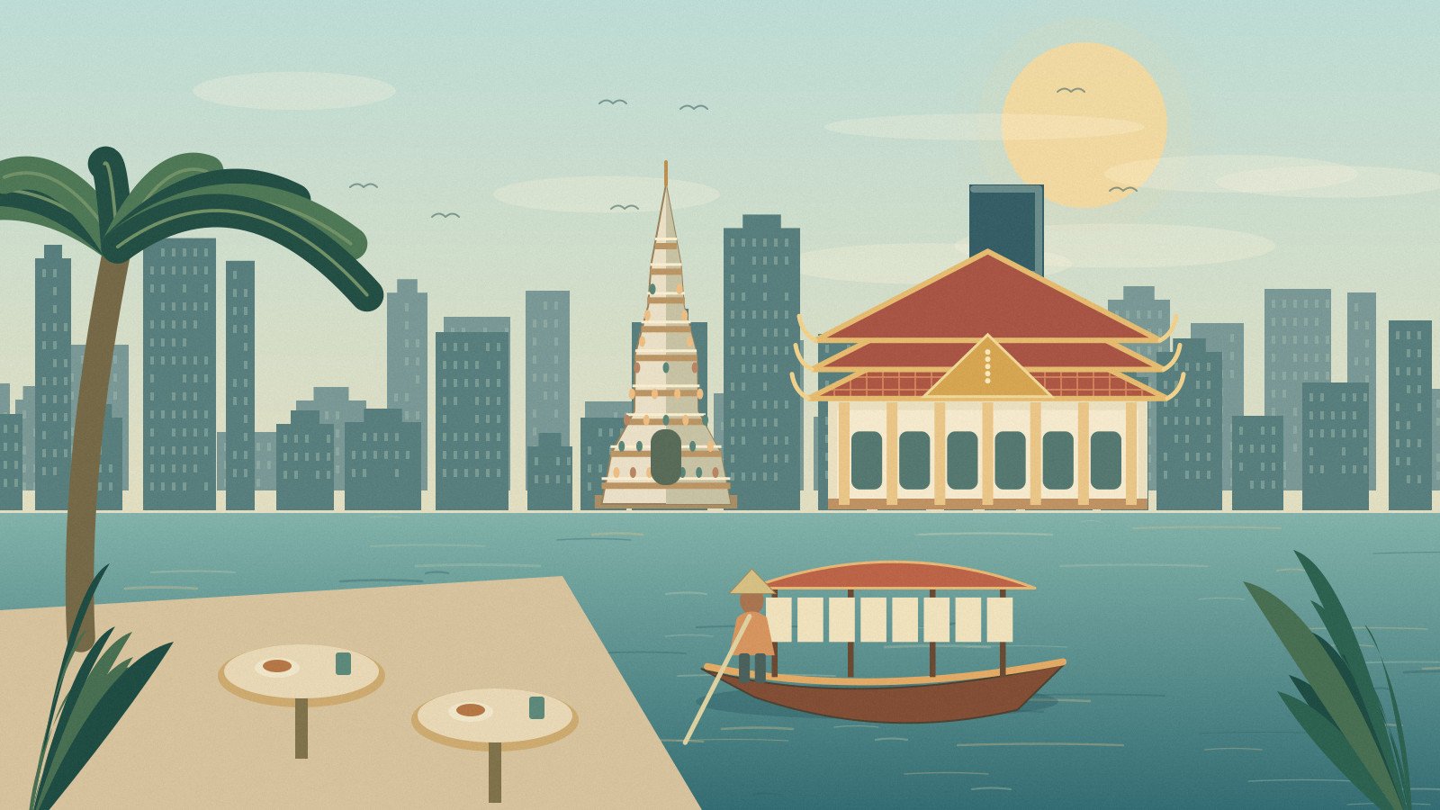 Illustrated riverside tables and a relaxed Bangkok break