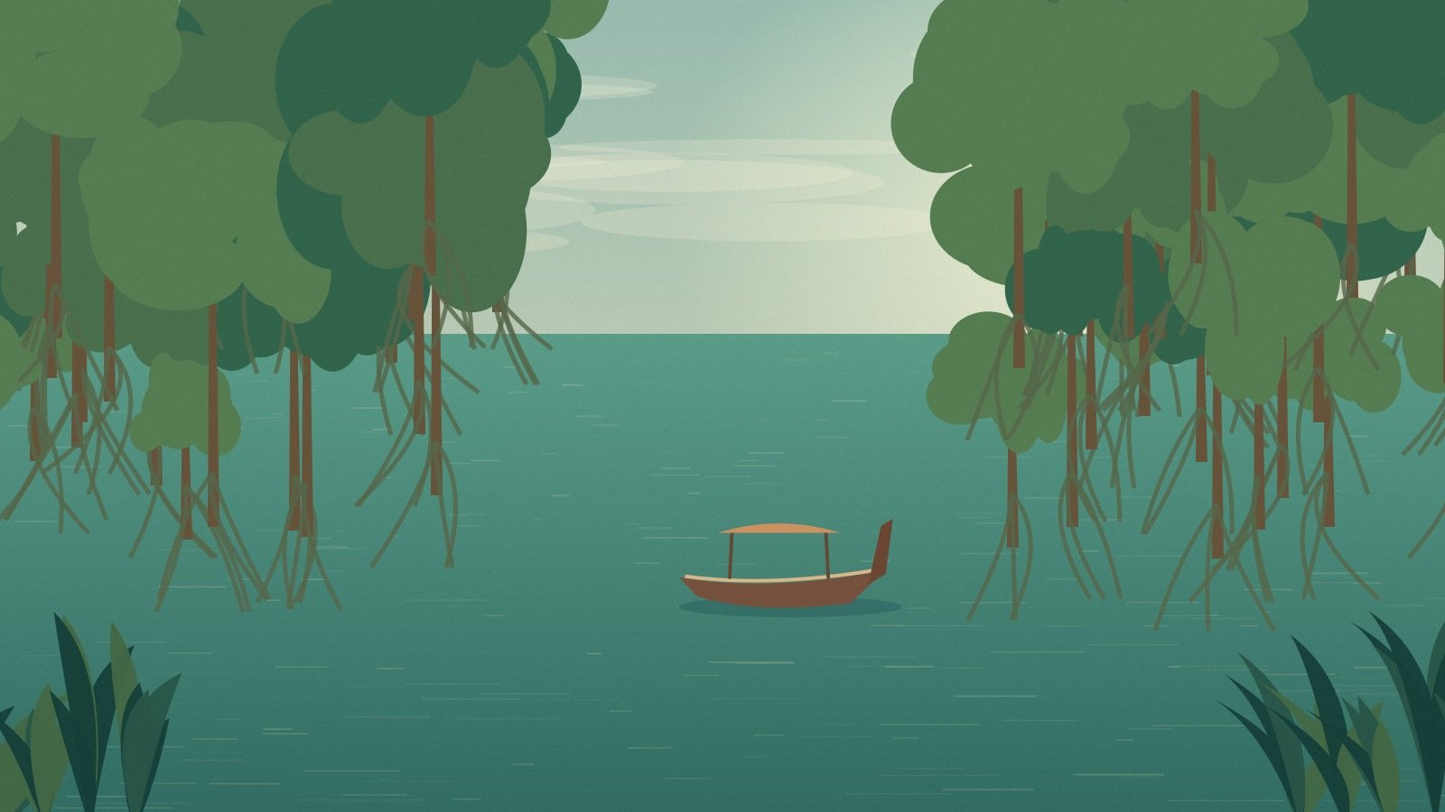 Mangrove waterway and a small covered boat inspired by Salak Khok