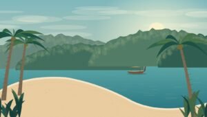 Forested Koh Chang-inspired bay with palms and a small boat