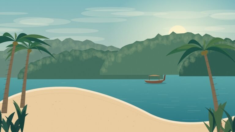 Forested Koh Chang-inspired bay with palms and a small boat
