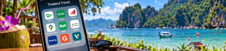 Concept illustration of a travel-app phone beside a Thai coastal view